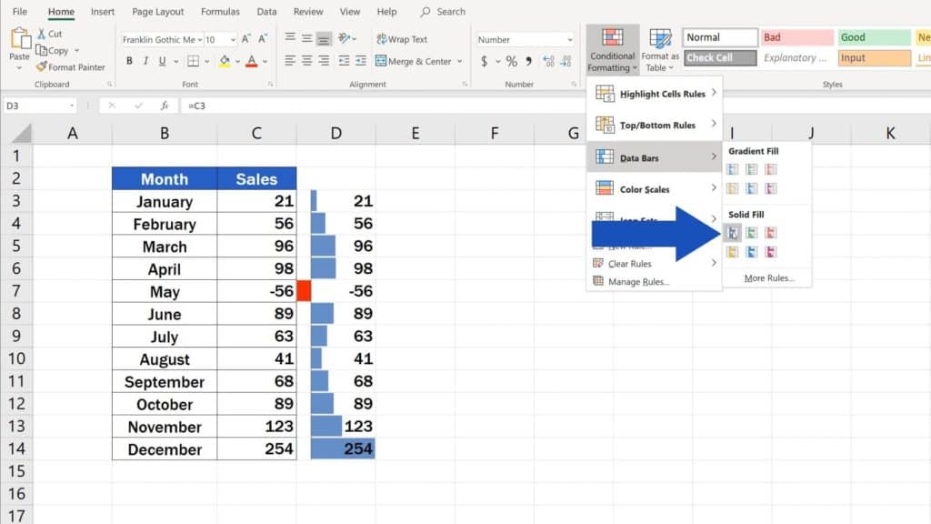 Try out Data Bars in Excel for clear graphical data representation - how to represent data visually in Excel