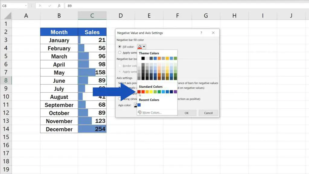 Try out Data Bars in Excel for clear graphical data representation - select colour for negative values