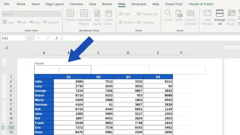 header in excel every page