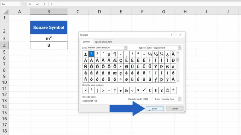 How to Write the Squared Symbol in Excel