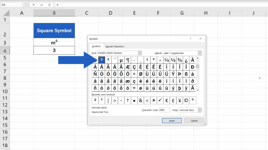 How to Write the Squared Symbol in Excel -  look it up squared symbol