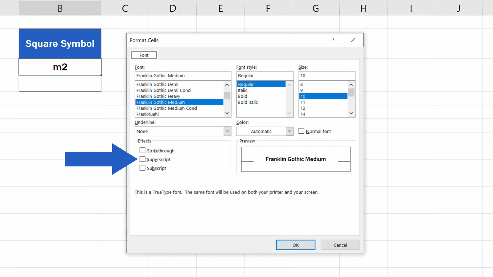 how-to-write-the-squared-symbol-in-excel