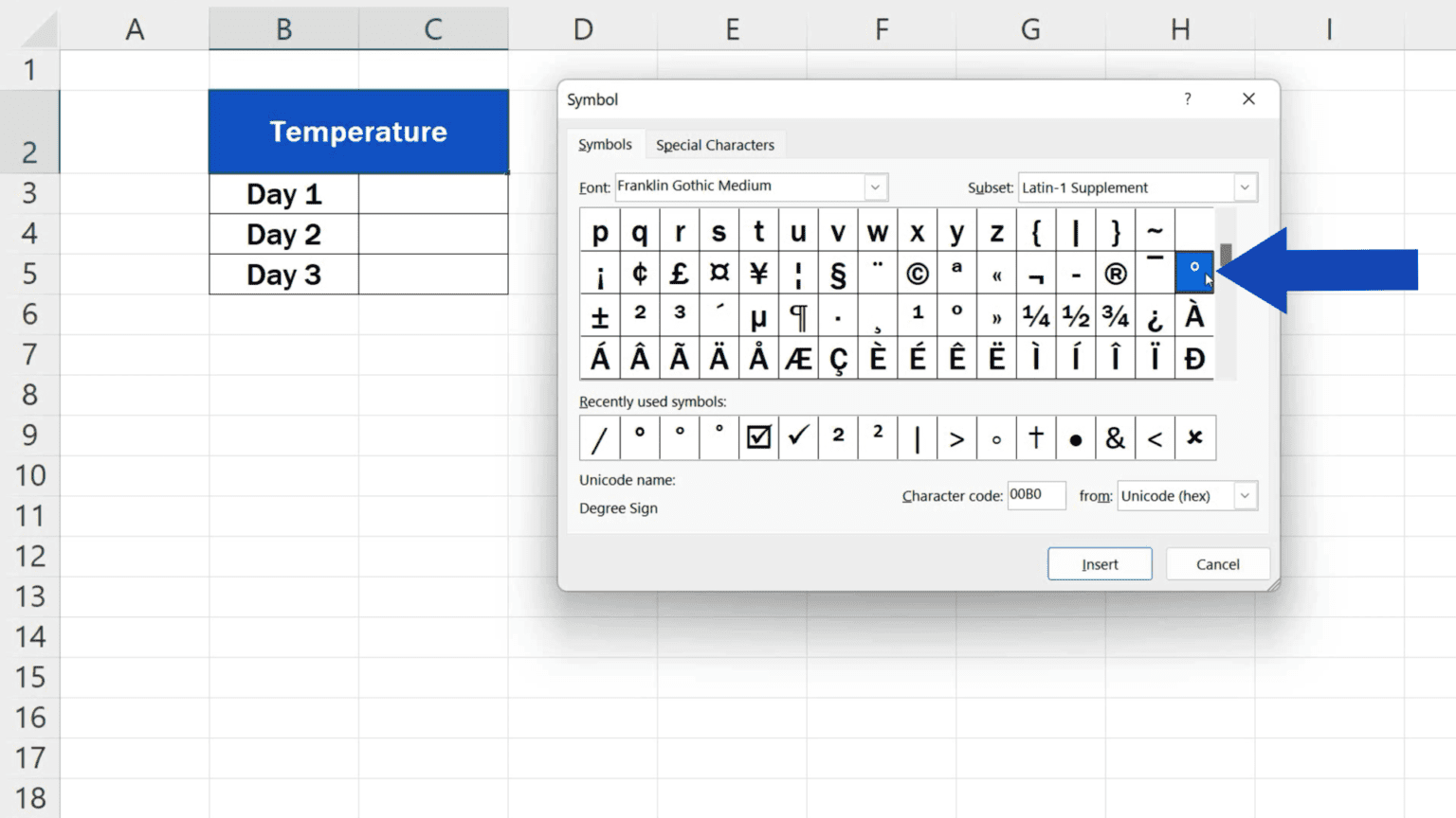 How To Insert The Degree Symbol In Excel 3041