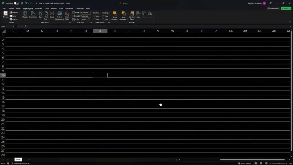 How to Enable Dark Mode in Excel - The worksheet background has changed to black