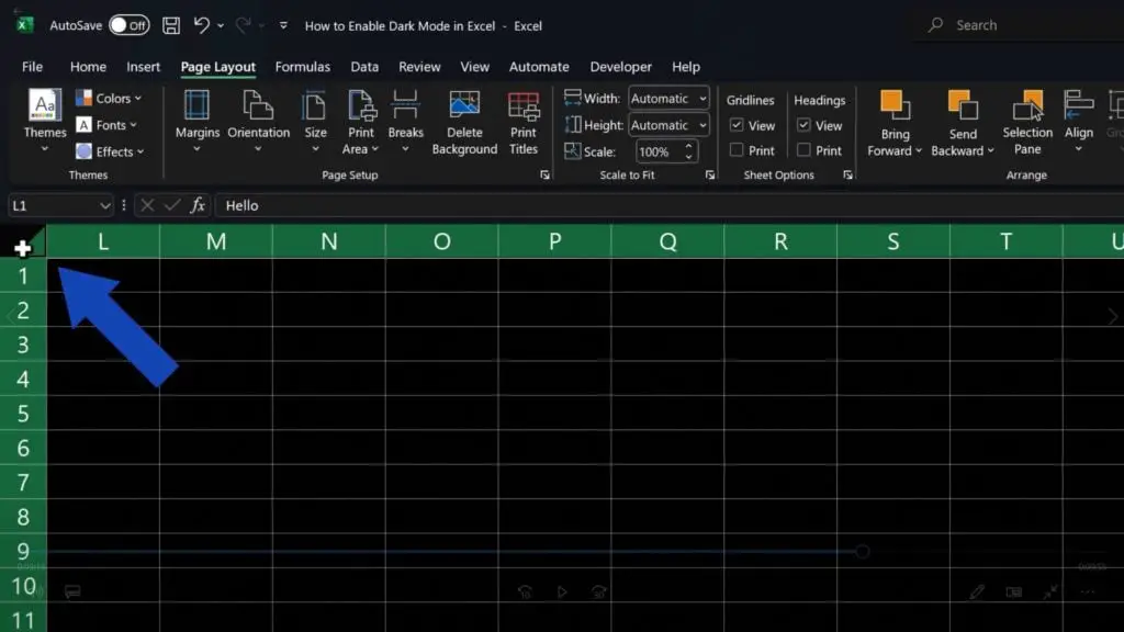 How to Enable Dark Mode in Excel - click into the upper left-hand corner
